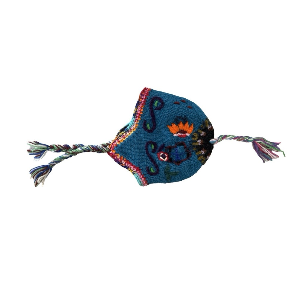 Kathmandu Imports Earflap Hat OS Boho Fairy Festival Hand-knit Tassels